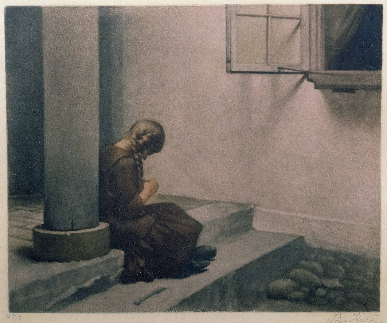 Girl Sitting on the Steps (farget mezzotint) av Peter Vilhelm Ilsted