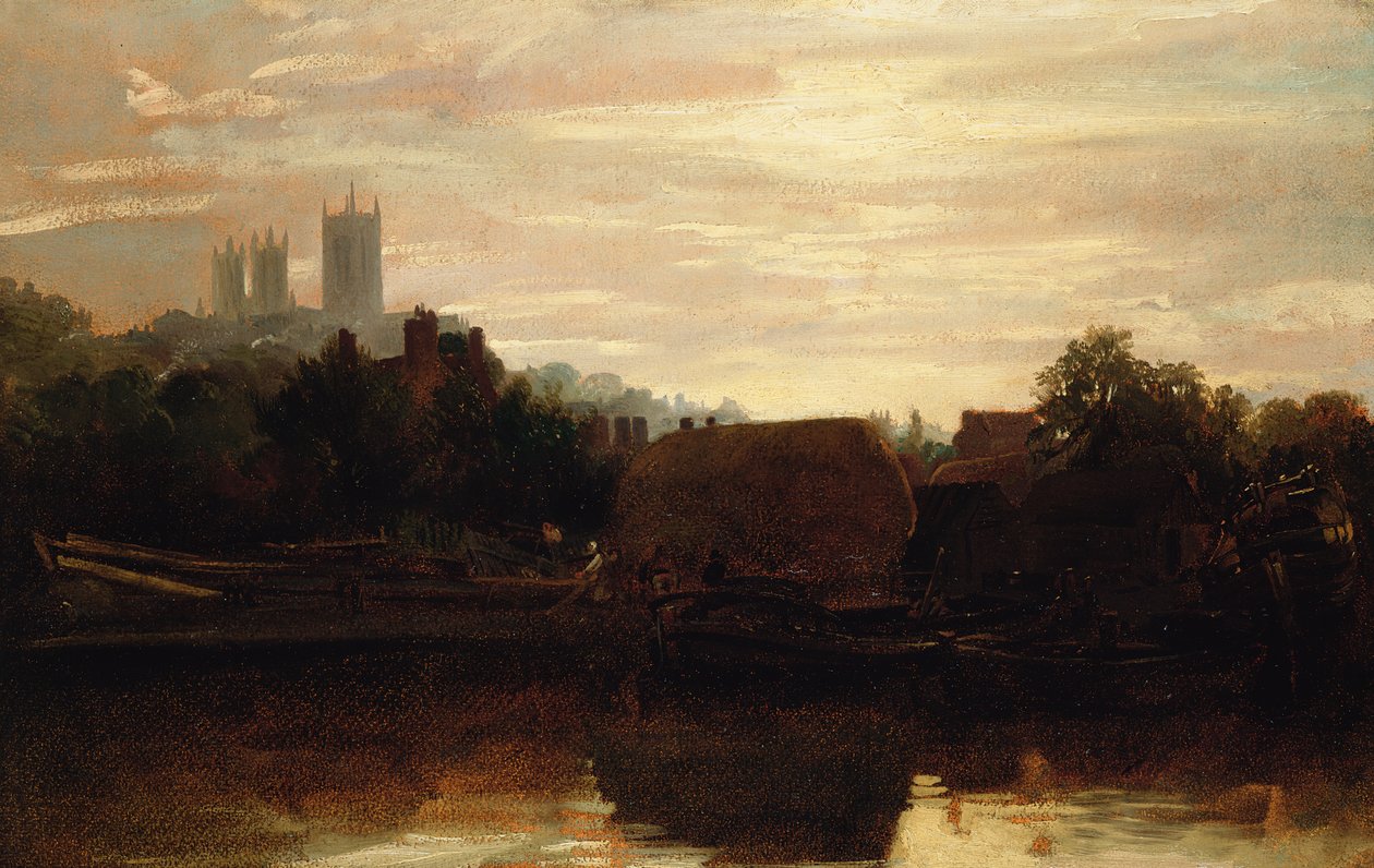 En utsikt over Lincoln fra Foss Dyke, Dawn (olje på papir lagt om bord) av Peter de Wint