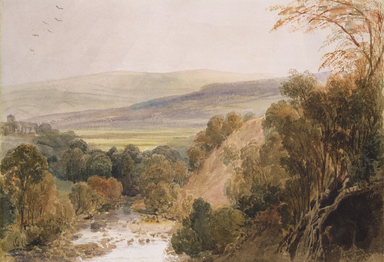 A View on the River Wharfe, nær Bolton, Yorkshire (wc på papir) av Peter de Wint