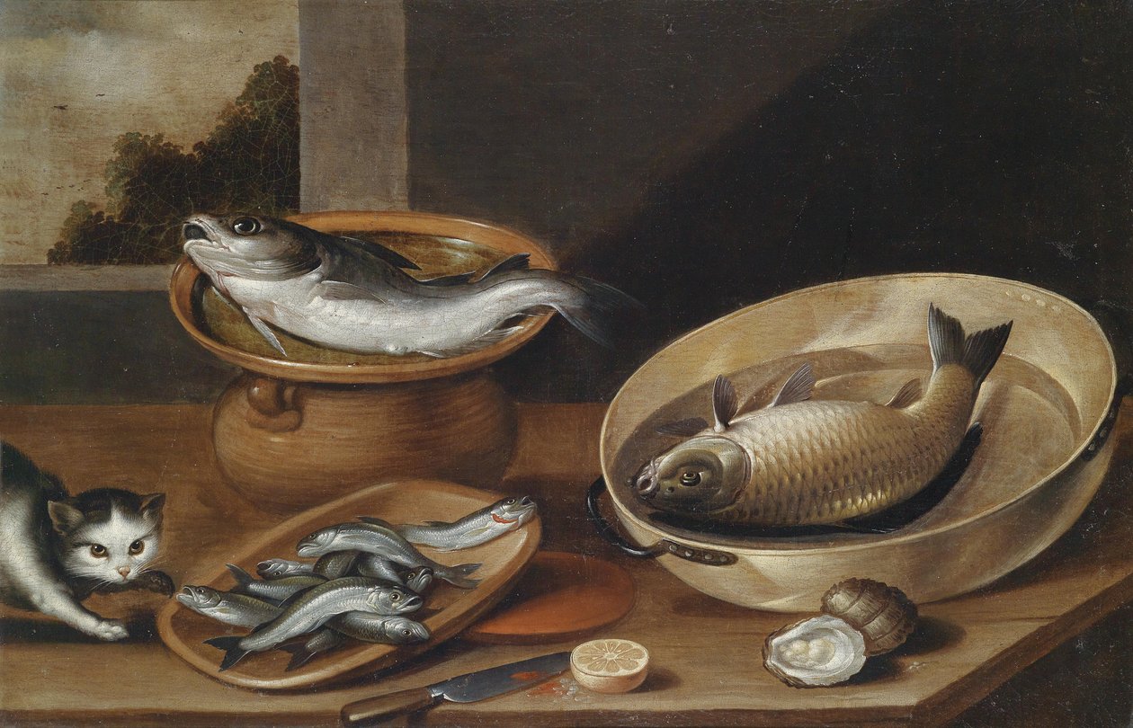 fisk stilleben med katt av Peter van Boucle