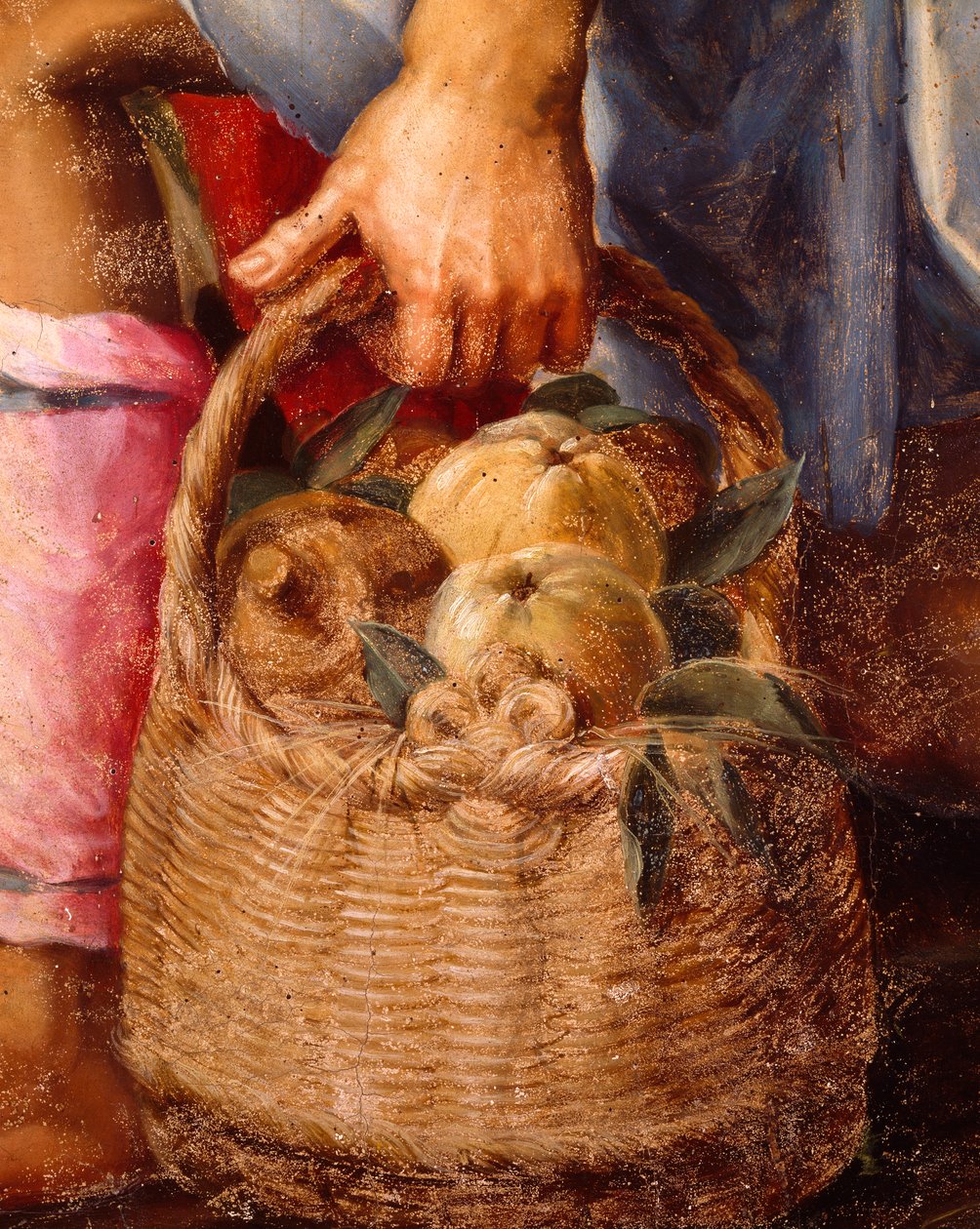 Fruktkurv, detalj fra Adoration of Shepherds av Peter Candid (1548-1628), olje på panel, 248x162 cm av Peter (1548 1628) Candid