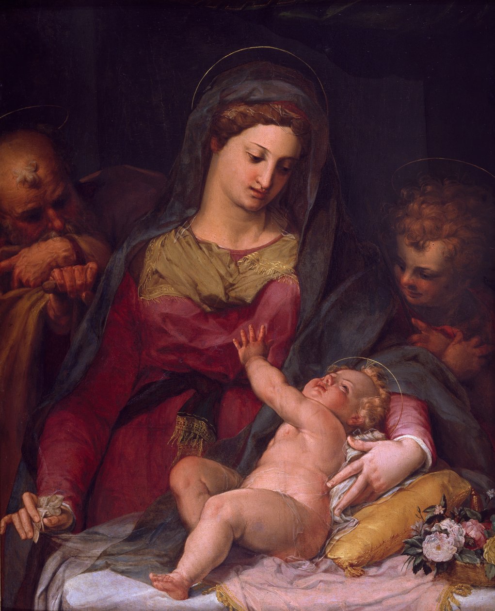 Holy Family with St John av Peter Candid (1548-1628), olje på panel av Peter (1548-1628) Candid