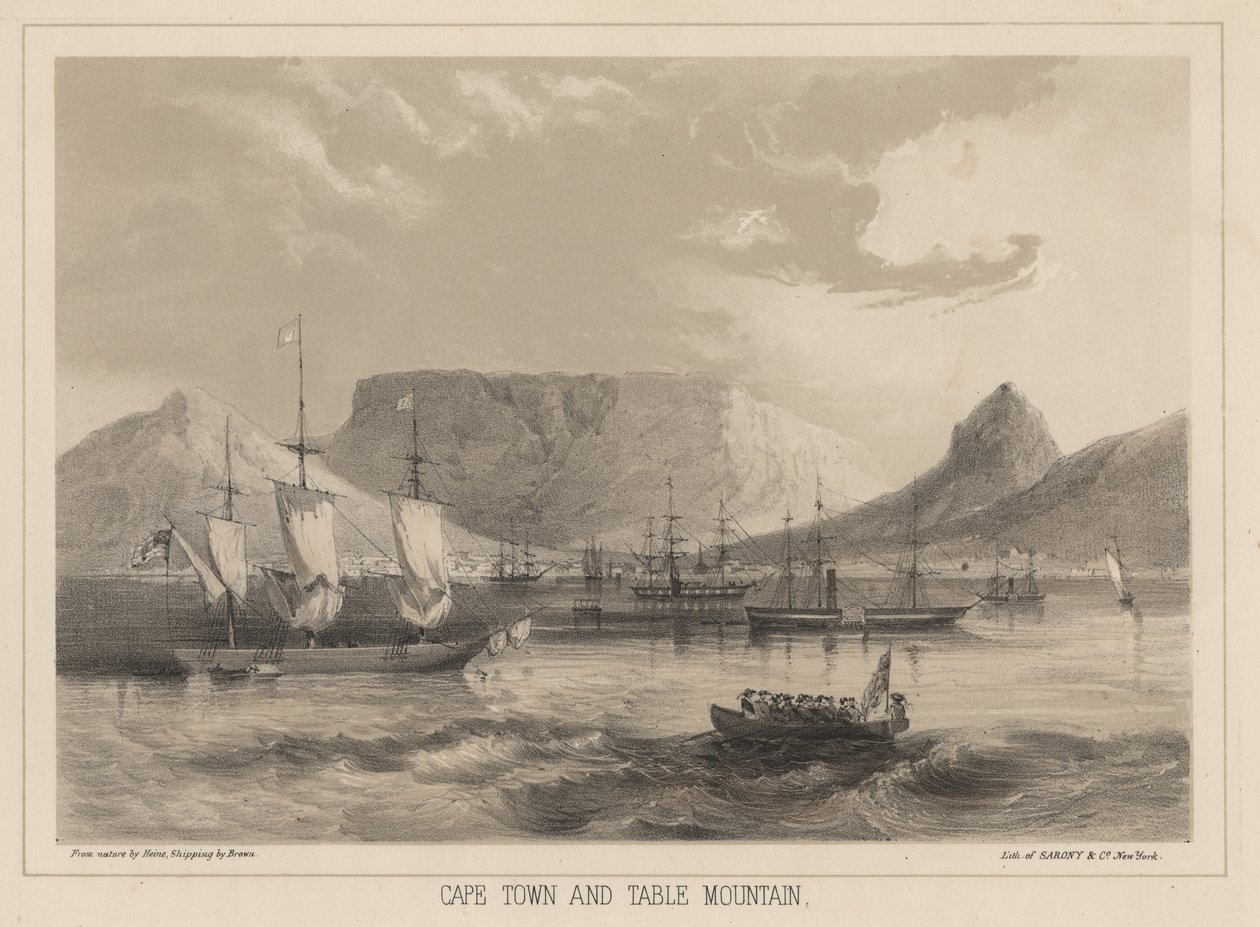 Cape Town og Table Mountain, litho av Sarony und Co., 1855 (chromolitho) av Peter Bernhard Wilhelm Heine