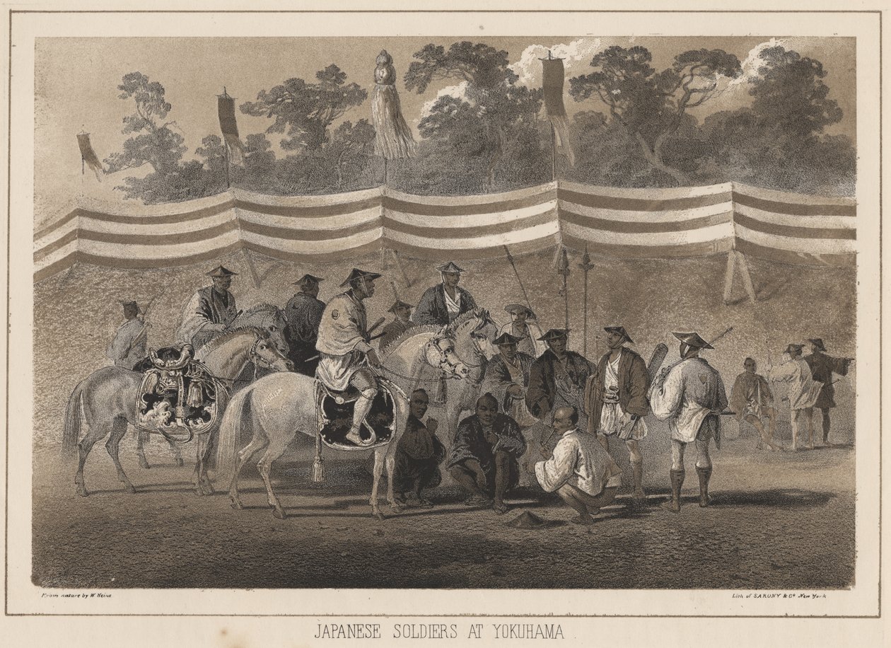 Japanske soldater ved Yokuhama, litho av Sarony und Co., 1855 (chromolitho) av Peter Bernhard Wilhelm Heine