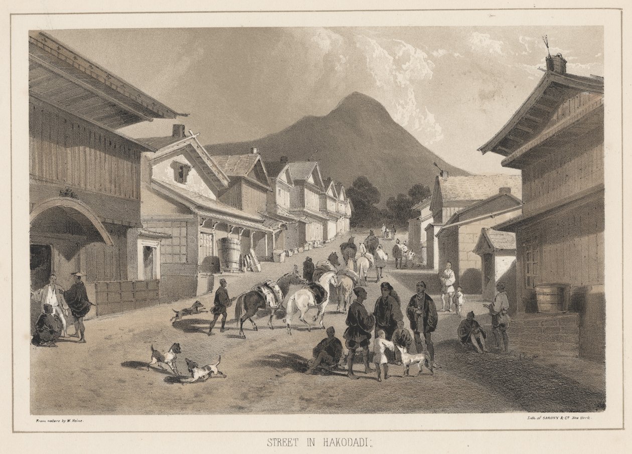 Gate i Hakodadi, litho av Sarony und Co., 1855 (chromolitho) av Peter Bernhard Wilhelm Heine