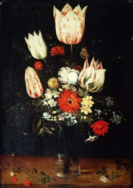Blomster i en glassvase på en avsats av Peter Binoit