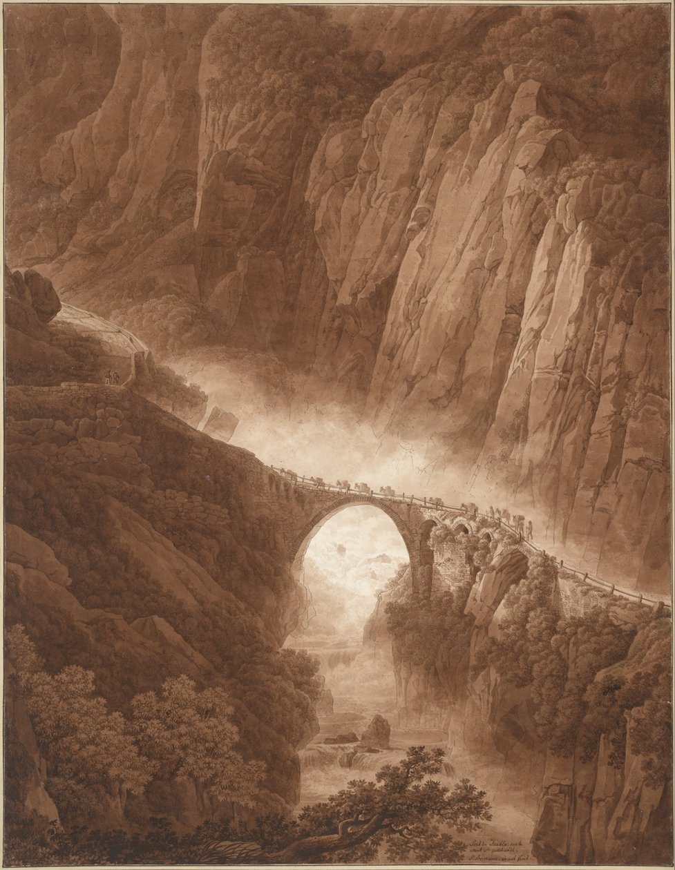 Djevelens bro i Schöllenen-juvet på vei over St. Gotthard-passet med et muldyrtog av Peter Birmann