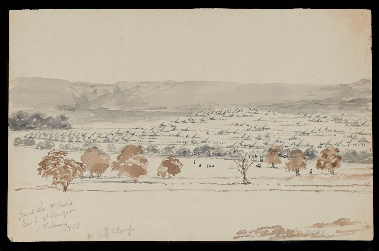 General Sir Hugh Roses leir i Saugor, 6. februar 1858 (tegning) av Peter Charles William