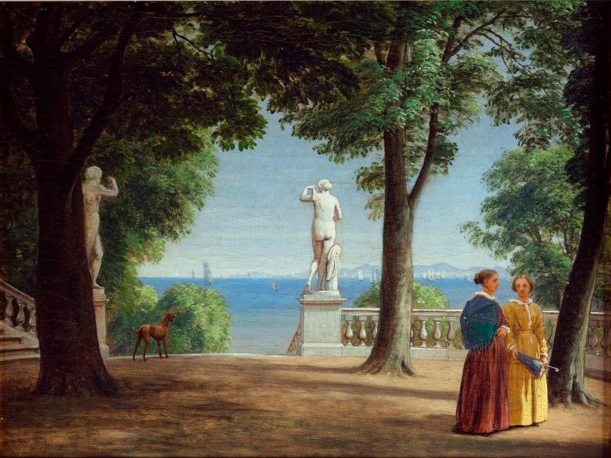 Utsikt mot Kullen fra en hageterrasse med statuer (olje på lerret) av Peter Christian Skovgaard