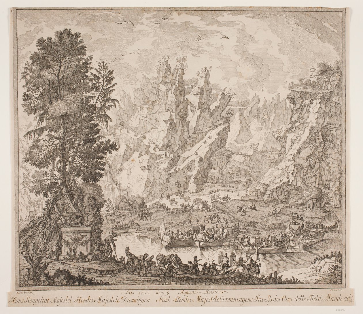 Anno 1733 den 9. Augusti Reiste Hans Kongelige Majestet Hendes Majestet Dronningen Samt Hendes Majestete Dronningens Fru Moder Over dette Field Mandsseidet av Peter Cramer