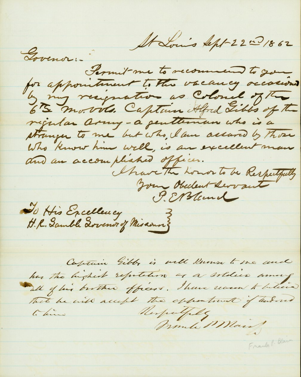 Brev signert P.E. Bland, St. Louis, til H.R. Gamble, guvernør i Missouri, 22. september 1862 av Peter E. Bland