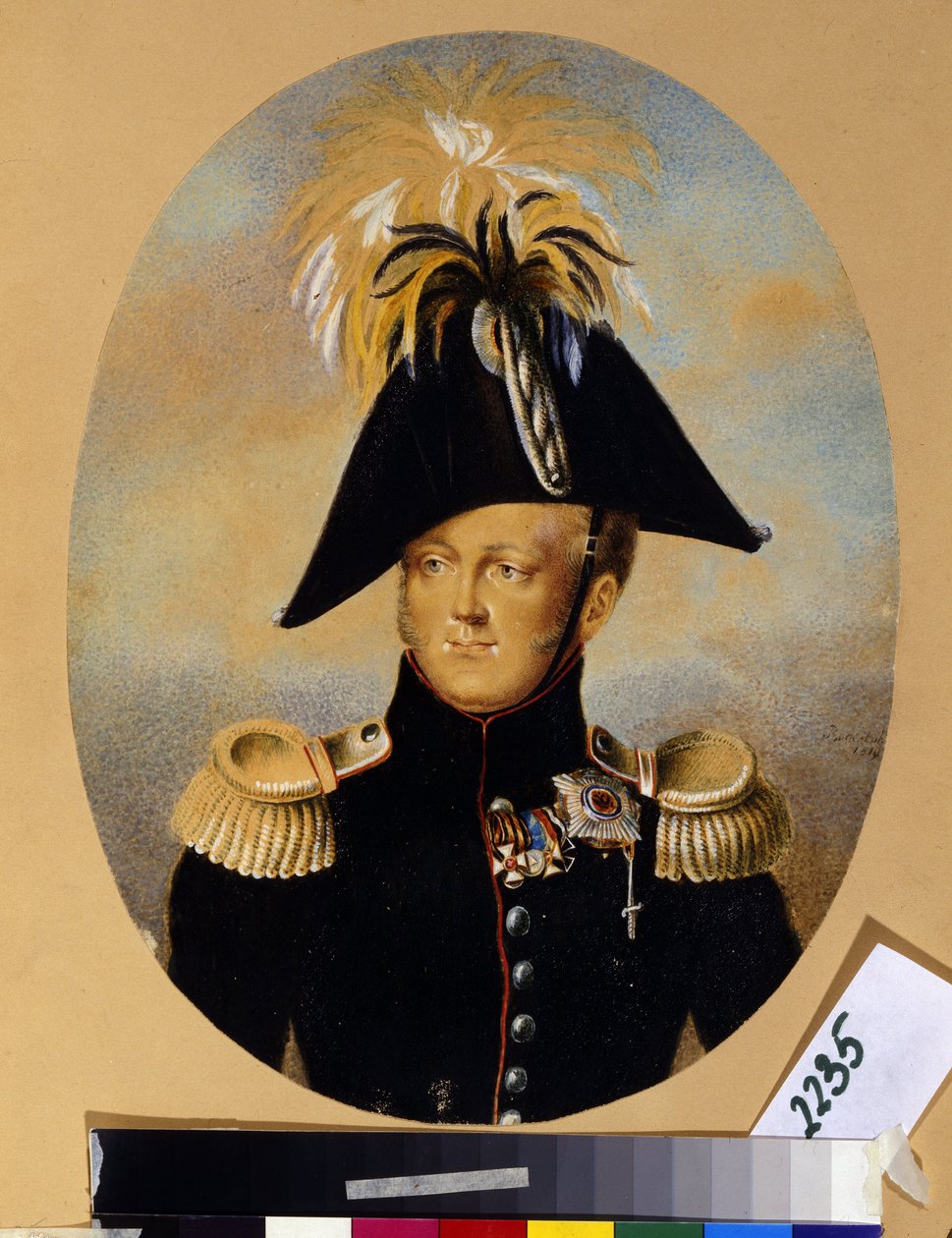 Portrett av tsar Alexander I Pavlovich (1777-1825) (portrett av keiser Alexander I) iført forskjellige æresutmerkelser, inkludert korset med svart og gullbånd, den keiserlige og militære ordenen Saint George (1. til venstre), båndet kryss r av Peter Ernst Rockstuhl