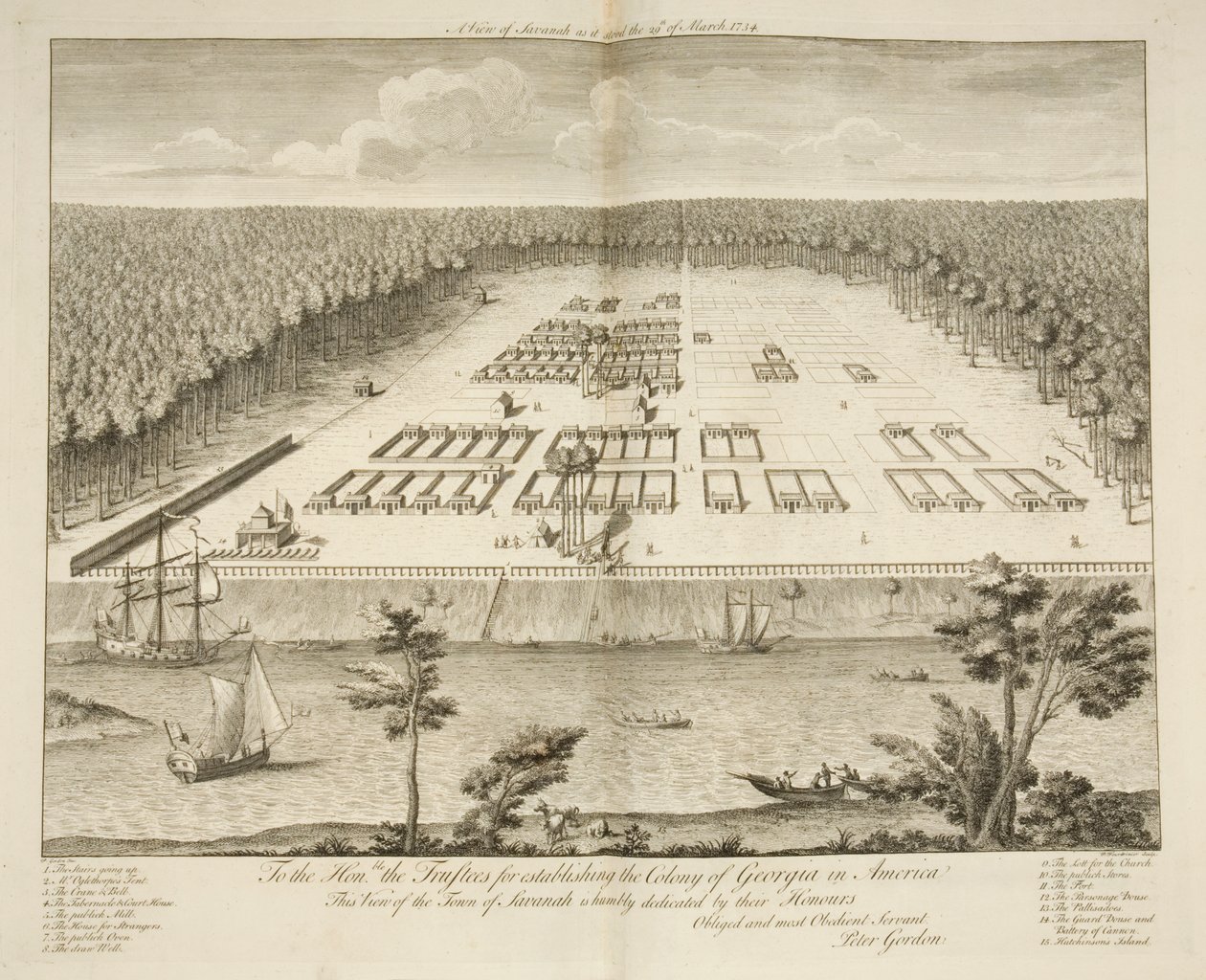 A View of Savannah slik den sto den 29. mars 1734, gravert av P. Fourdrinier, London, ca. 1735 (gravering) av Peter Gordon