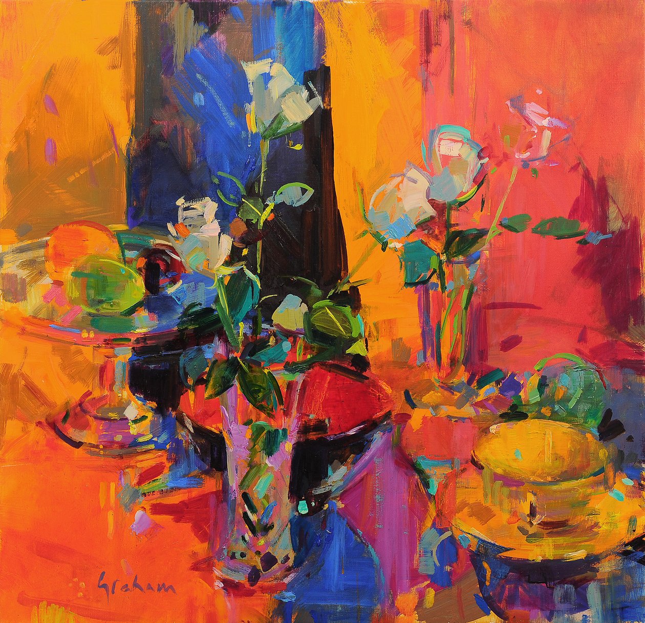 Stillebensbord med roser og frukt av Peter Graham (Contemporary)