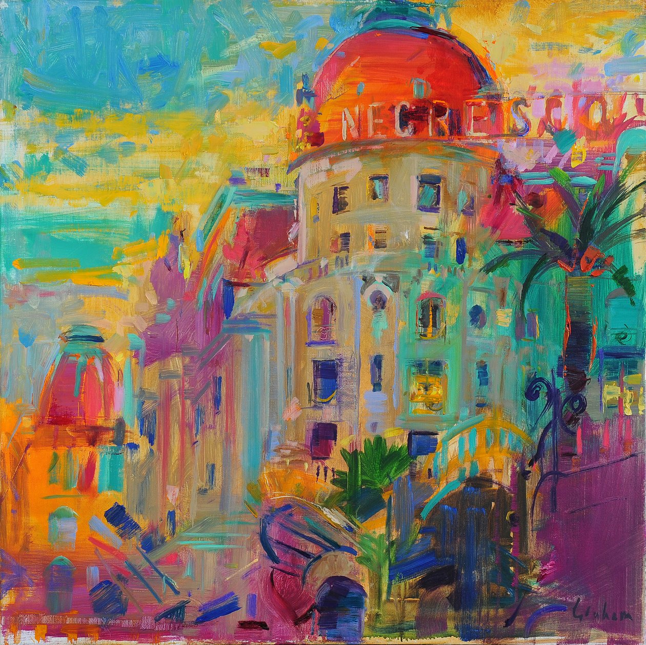 Promenade des Anglais, solnedgang, 2023 (olje på lerret) av Peter Graham