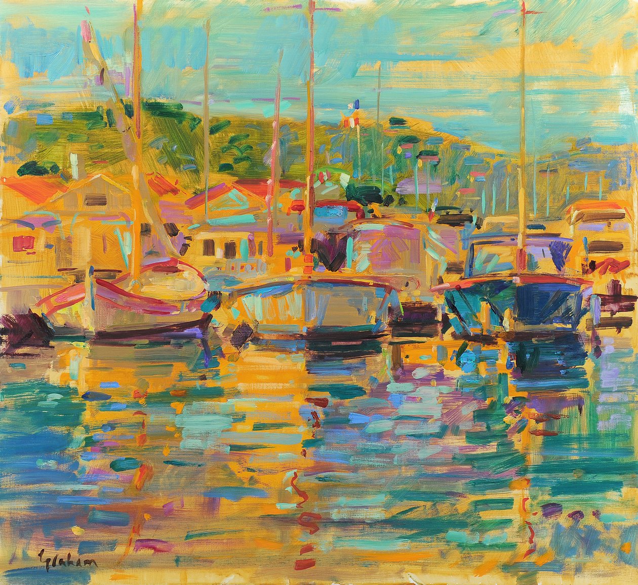 Saint-Tropez-morgen, 2018 (olje på lerret) av Peter Graham