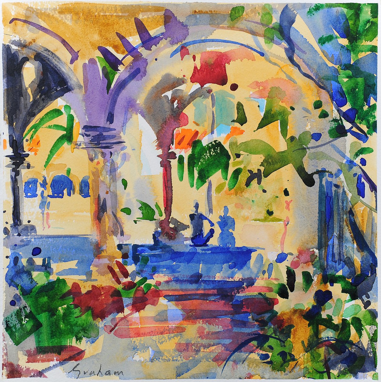 Stanford Cloisters, California, 2022 (akvarell) av Peter Graham