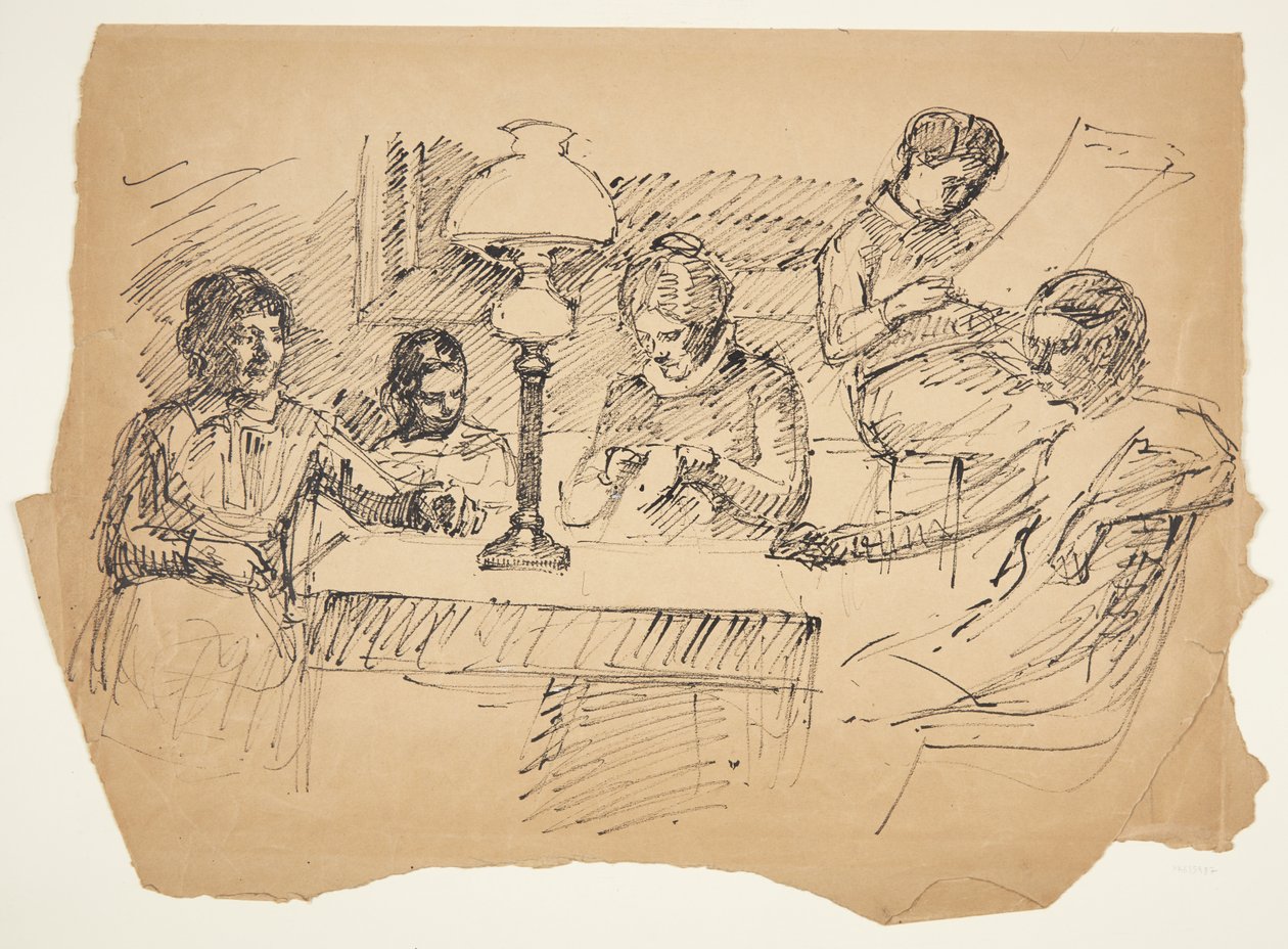 Kunstnerens familie sitter rundt et bord med en parafinlampe av Peter Hansen