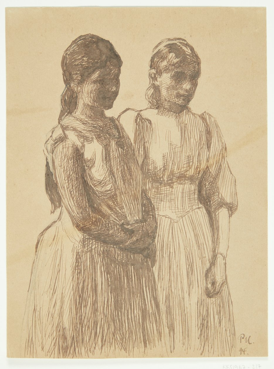 To unge jenter. Studie for maleriet "Ball i en provinsby" (Gøteborgs kunstmuseum) av Peter Hansen