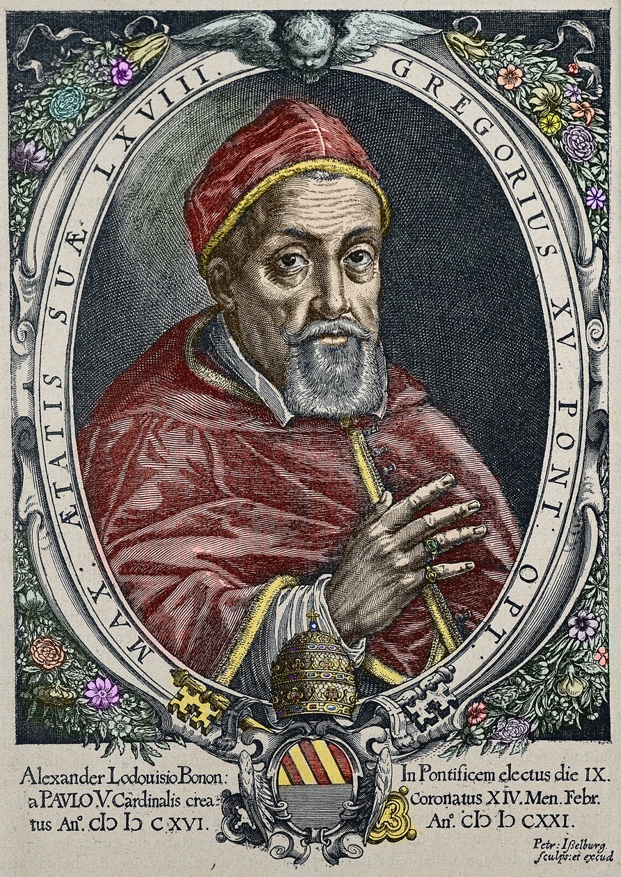 Representasjon av pave Gregoire XV (Gregorio, Gregorius eller Gregory) (1554-1623) Gravering av Peter Isselburg - (Portrett av pave Gregorius XV (1554-1623), gravering av Peter Isselburg) Privat samling av Peter Isselburg