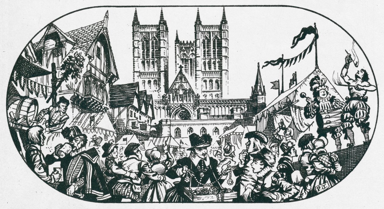 En messe som finner sted i en gate foran Lincoln-katedralen (lito) av Peter Jackson