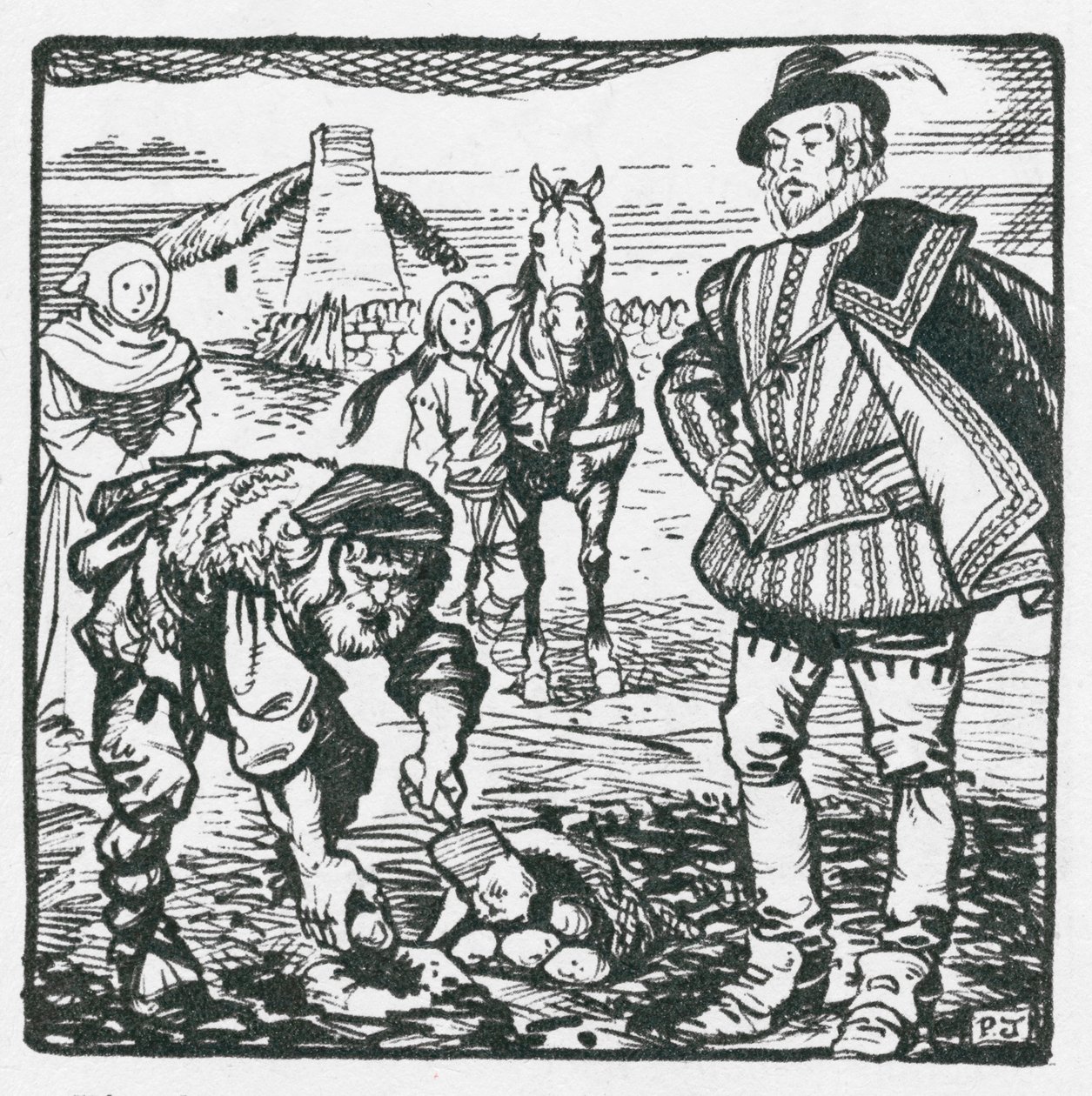 Sir Walter Raleigh introduserer poteter fra Amerika og får plantet noen i Youghal (litografi) av Peter Jackson