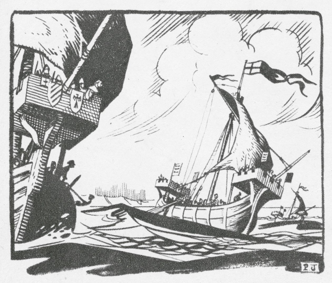 Cinque Ports#39; flåte seiler ut fra Dover (litografi) av Peter Jackson