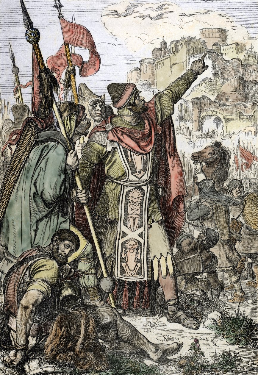 Barbarians invasjon: "" Hunnes konge Attila (406-453) pågrepet for å beleire byen Aquilee i Italia ser sammen med sine soldater av Peter Johann Nepomuck Geiger
