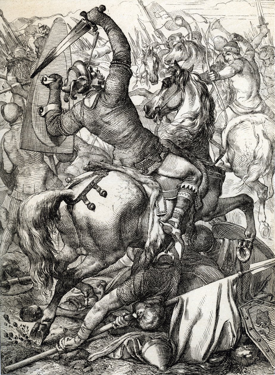 Slaget ved Hastings utkjempet 14. oktober 1066 mellom den normannisk-franske hæren til hertug William II av Normandie og en engelsk hær under den angelsaksiske kong Harold II, under den normanniske erobringen av England Drawing a la pen Historically tires  av Peter Johann Nepomuck Geiger