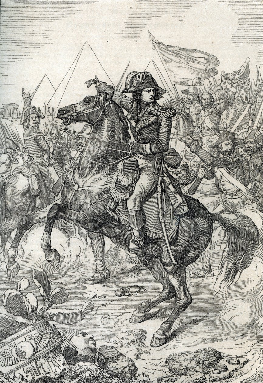 Kampanje (ekspedisjon) av Egypt (1798-1801): General Napoleon Bonaparte (1765-1821) før pyramidene av Peter Johann Nepomuck Geiger