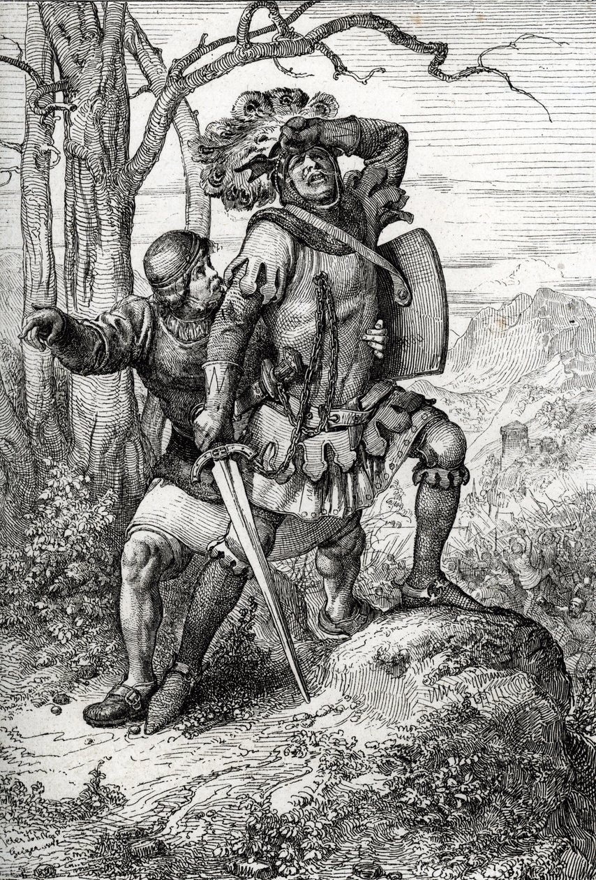 Hertug Leopold I av Østerrike, Herre av Habsburg redder av en av sine ledsagere i slaget ved Morgarten 15. november 1315 mot de sveitsiske konføderasjonene, Sveits (slaget ved Morgarten 15. november 1315, Leopold I, hertug av Østerrike reddet av en soldat av Peter Johann Nepomuck Geiger