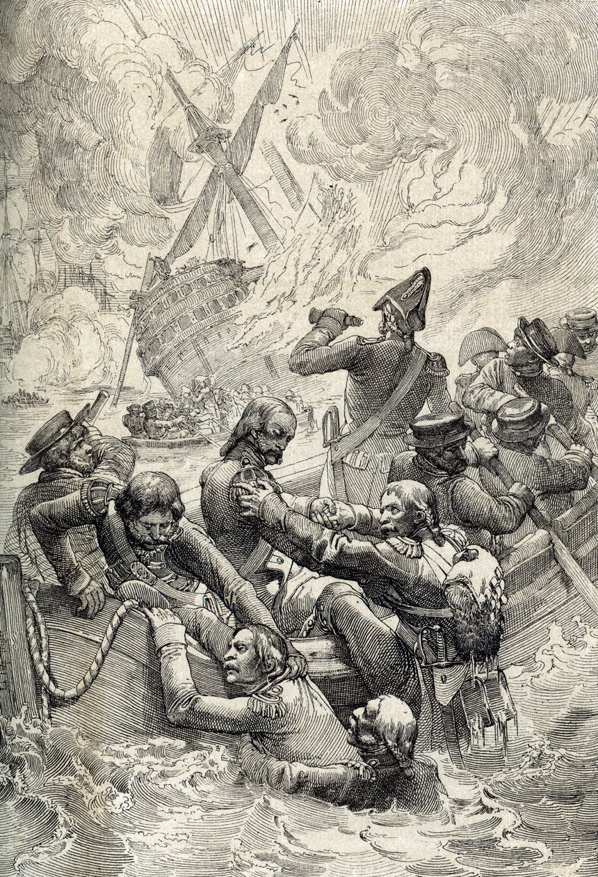 Egypt's Expedition: The Destruction of the Orient at the Battle of the Nile (Battle of Aboukir) i august 1798 (Slaget ved aboukir bay: the Destruction of L'Orient at the Battle of the Nile, august 1798) Fjærtegning fra "Historische Memorabilia av Peter Johann Nepomuck Geiger