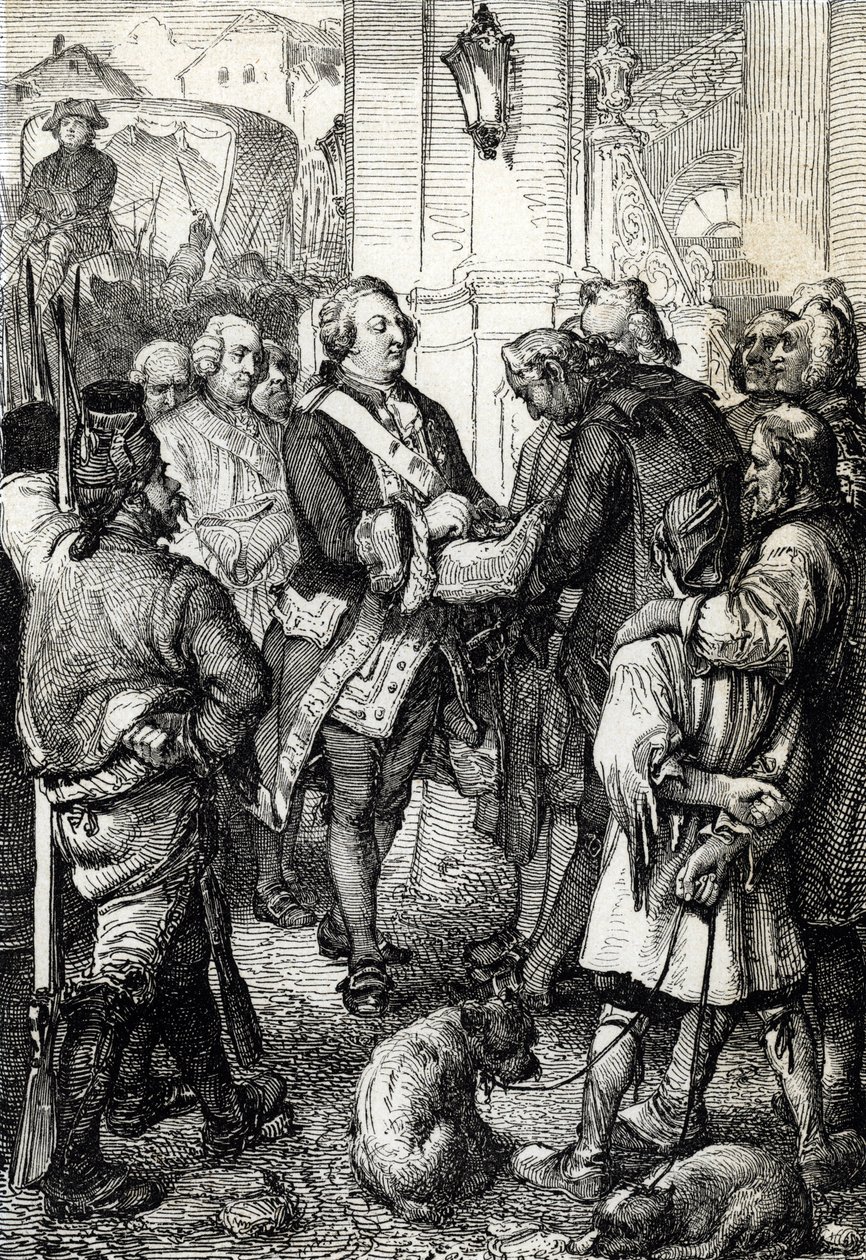 Fransk revolusjon: Kong Ludvig XVI mottar fra borgermesteren i Paris Jean-Sylvain Bailly tricolore kokarden av Peter Johann Nepomuck Geiger