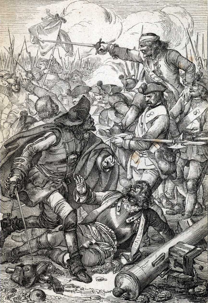 Great Northern War: "" Slaget ved Poltava (eller Pultawa) mellom Armee av Peter I av Russland og troppene til Karl XII av Sverige, 8/07/1709"" (Great Northern War: Battle of Poltava, 8. juli 1709 ) Fjærtegning fra “” Historische Memorab av Peter Johann Nepomuck Geiger