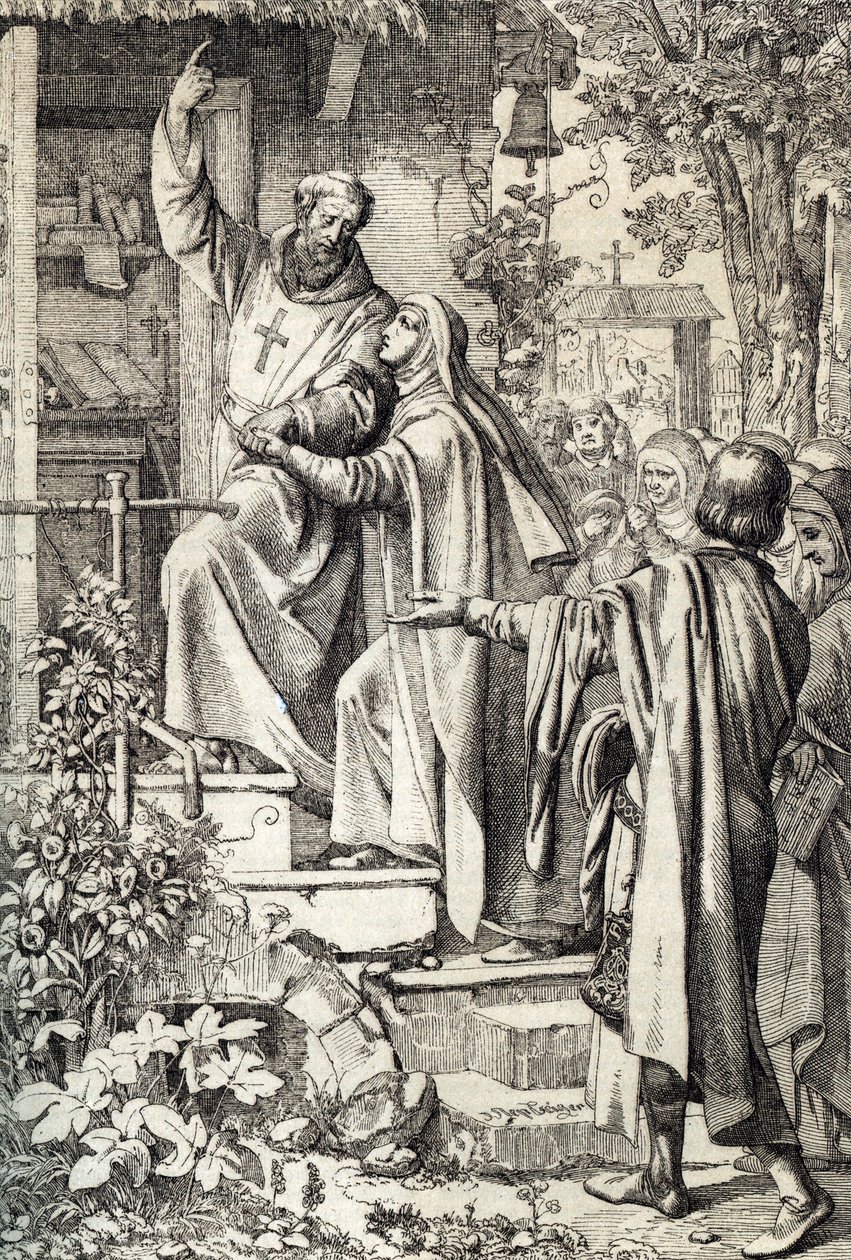 Heloise d'Argenteuil (1094-1164) mottatt av teologen og filosofen Abelard (Pierre Abailard eller Pierre Abeilard) (1079-1142) ved l'abbey du Paraclet (den franske middelalderens skolastiske filosofen, teologen Peter Abelard mottar sin kone (Abaelar av Peter Johann Nepomuck Geiger