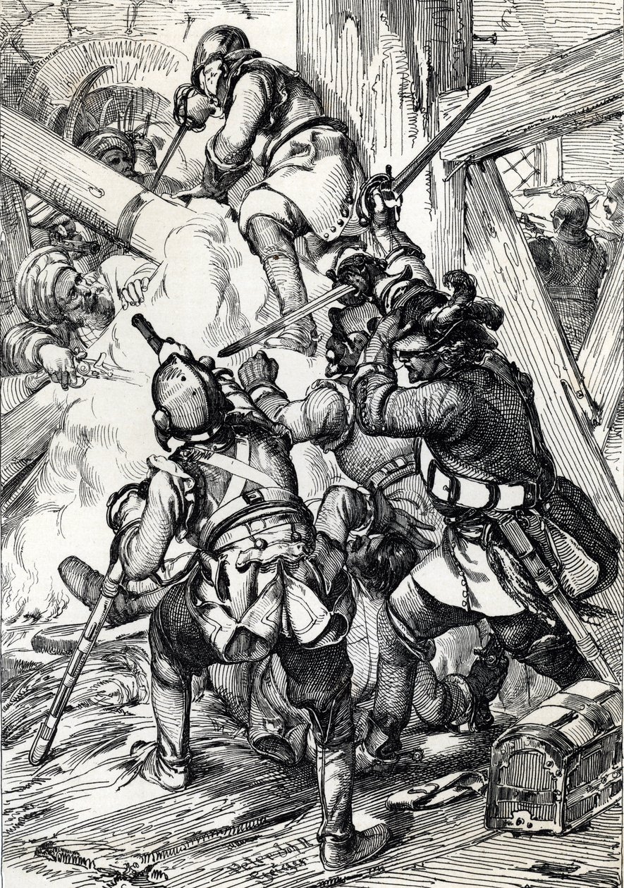 Kong Charles (eller Carl) XII av Sverige (1682-1718) forsvarte seg mot tyrkerne i Bender (Bendery) februar 1713, Moldaie (eksilkong Charles (Carl) XII av Sverige forsvarte mot mobben og de osmanske janitsjarene, Bender, februar 1713 ) Tegne en penn f av Peter Johann Nepomuck Geiger