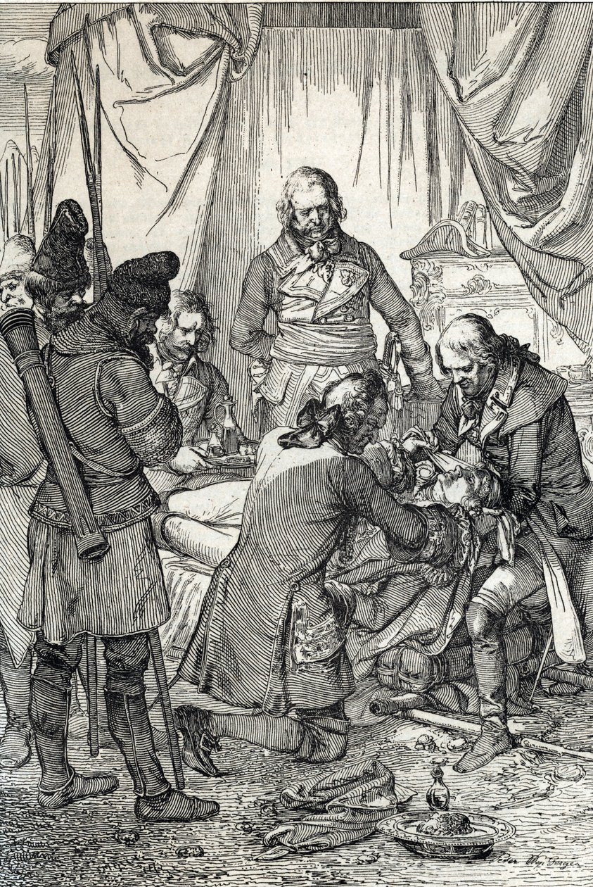 Kosciuszko-opprøret: Den polske helten Tadeusz Kosciuszko (1746-1817) såret i slaget ved Maciejowice mot russerne av Peter Johann Nepomuck Geiger