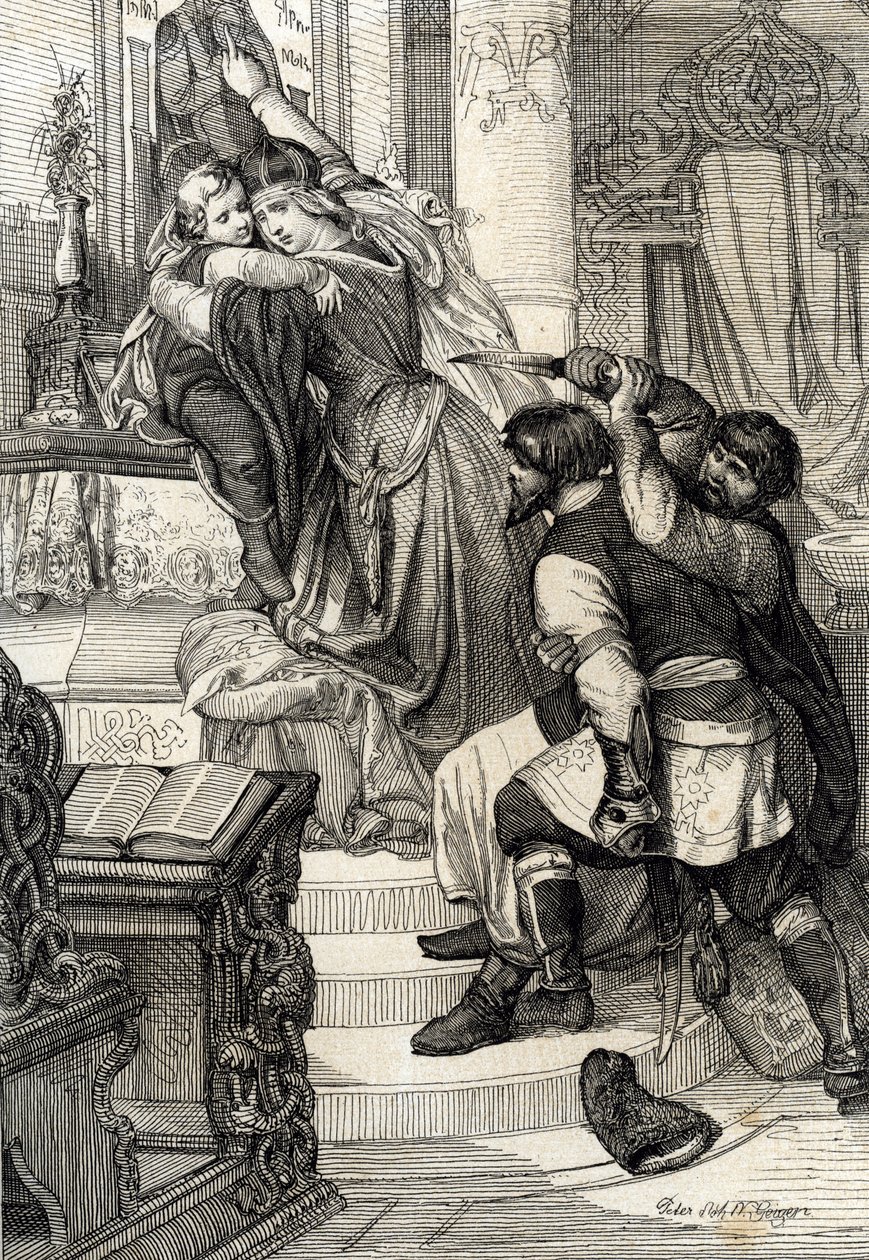 Moskva-opprøret i 1682 (opphevelse av streltsyen i 1682): Tsarina Natalia Narychkina beskyttet sønnen prins Peter (1672-1725) mot angrep fra streltsyene (strelets), Russland (Moskva-opprøret i 1682 eller streltsy-opprøret: Tsarryshprotene Natalia av Peter Johann Nepomuck Geiger
