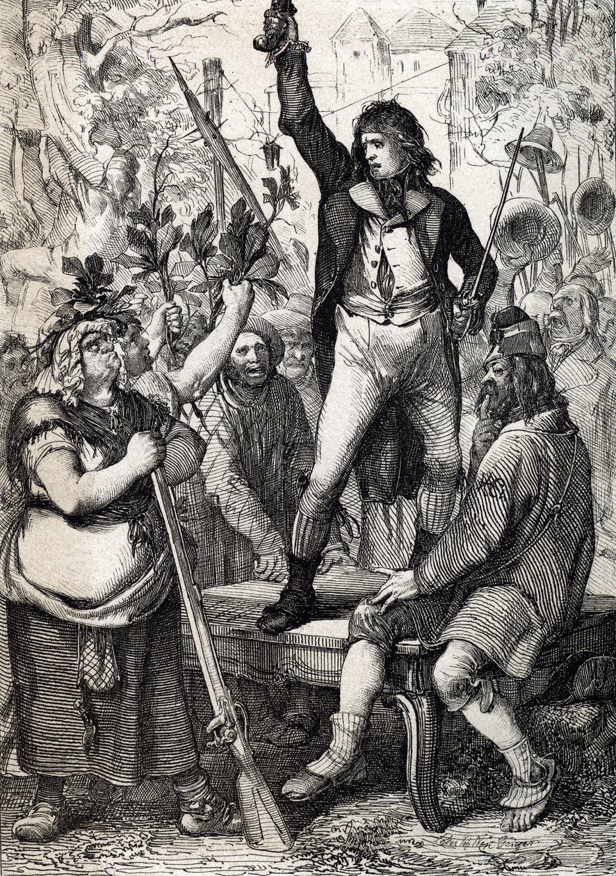 Utbruddet av den franske revolusjonen i 1789: den forsamlede befolkningen blir oppfordret til å velge fargen på en kokarde og å ta til våpen historisk) av Anton Ziegler av Peter Johann Nepomuck Geiger