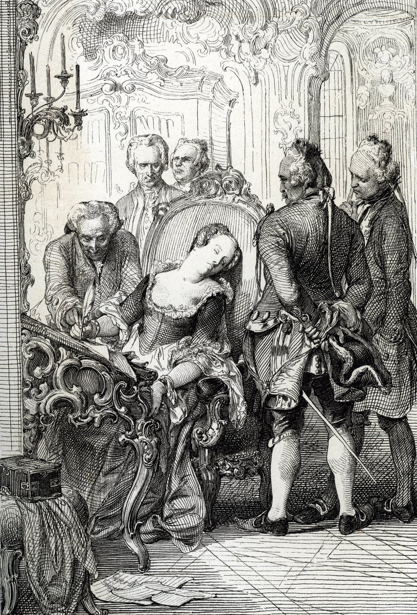 Dronning Caroline Mathilde (Caroline-Mathilde) av Danmark (1751-1775) tvunget til å signere skilsmissedokumentene etter hennes utenomekteskapelige eventyr i 1772 (Danmarks dronning Caroline Matilda signerte skilsmissepapirene i april 1772 for utroskap) Teg av Peter Johann Nepomuck Geiger