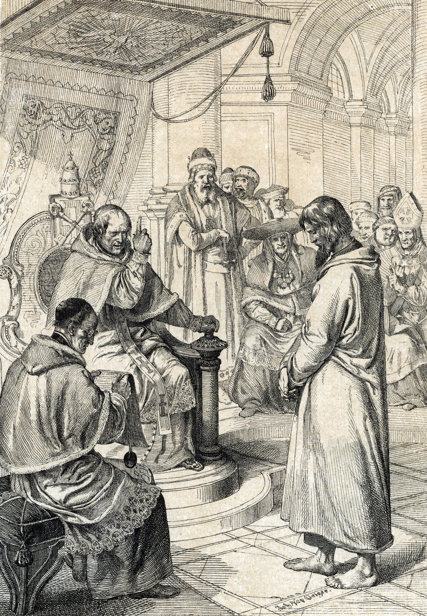 Queril of the investitures, anger av Canossa: I Canossa ber keiser Henrik IV av Det hellige romerske rike (1050-1106) i angrende kjole om tilgivelse fra pave Gregoire VII (Hildebrand: 1015/20-1085) og gjorde ærefulle endringer i januar 1077 " (Veggen av Peter Johann Nepomuck Geiger