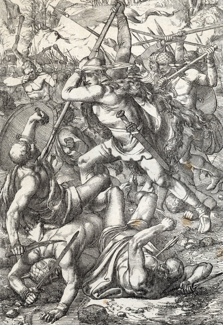 Representasjon av erobreren Pelage (Pelagius eller Pelayo) (død 737) konge av Asturias triumferende mot saracenerne, 719 Covadonga, Spania av Peter Johann Nepomuck Geiger
