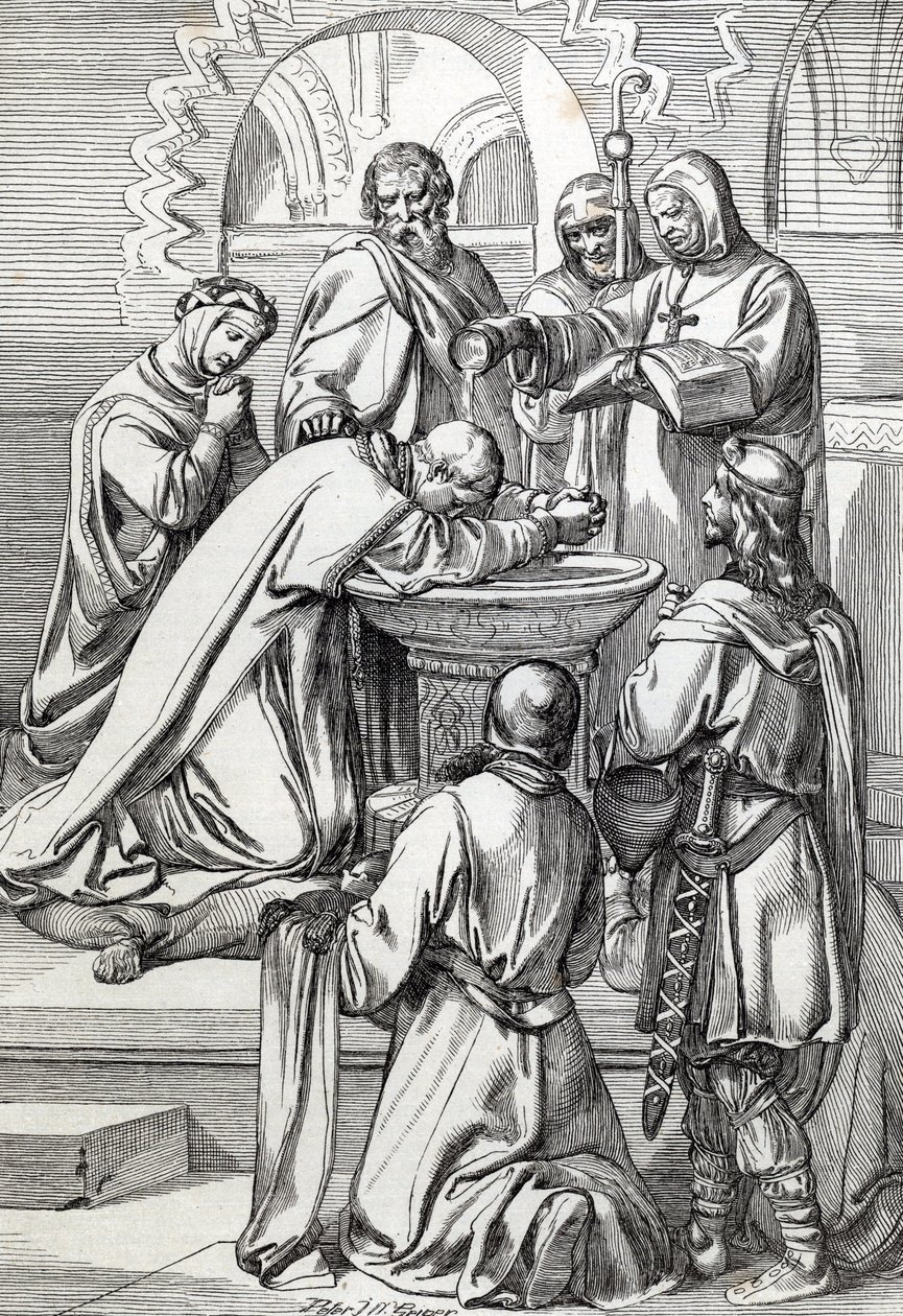 Representasjon av Saint Augustine av Canterbury (død 604), sendt til England av pave Gregoire den store i 596 for å omvende angelsakserne - Han er her før Ethelbert, angelsaksisk konge av Kent (552? -616) som han døpte i 597 (Augustine, første biskop o av Peter Johann Nepomuck Geiger