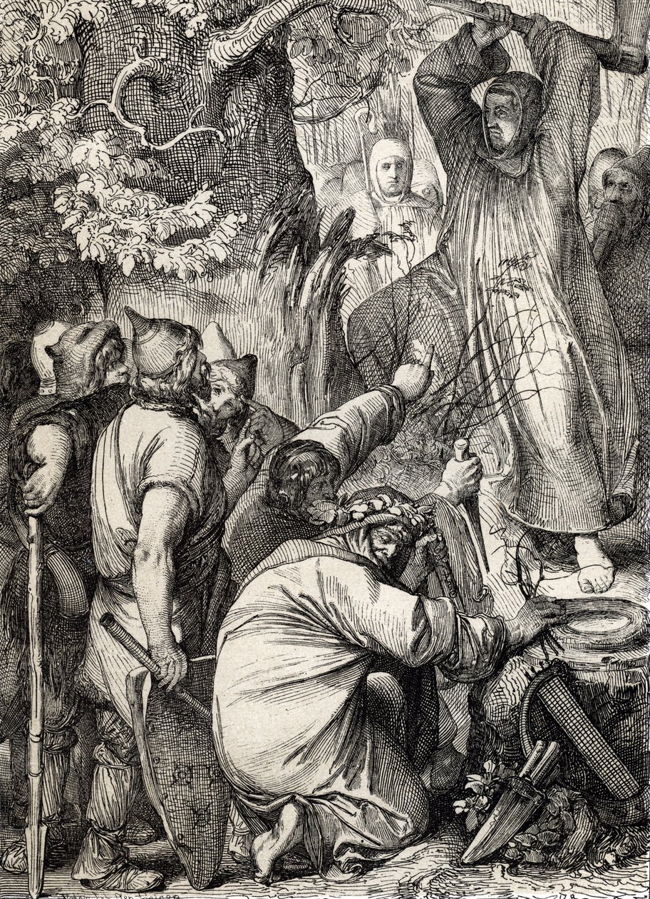 Representasjon av Saint Boniface of Mainz (680-754) som hogger ned Thors eik for å overbevise druidene om at det ikke er et hellig tre (Saint Boniface (Bonifacius) som ødelegger Thors eik (Donar eller Joves eik) hellige tre til de germanske hedningene, å k av Peter Johann Nepomuck Geiger