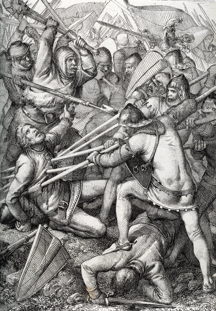 Slaget ved Sempach utkjempet 9. juli 1386, mellom Leopold III, hertugen av Østerrike og det gamle sveitsiske konføderasjonen, og tegnet en penn tegnet fra "Historische Memorabilian des In-und Auslandes" (historiske minner) av Anton Ziegler av Peter Johann Nepomuck Geiger