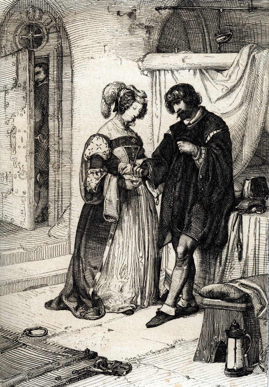 Greven av Essex Robert Devereux (1565-1601) dømt til døden for forræderi overrakte Elizabeth Howard, grevinne av Nottingham og Lady of Honor av Elisabeth Iere av England, et ringløfte om hennes lojalitet til dronningen av Peter Johann Nepomuck Geiger