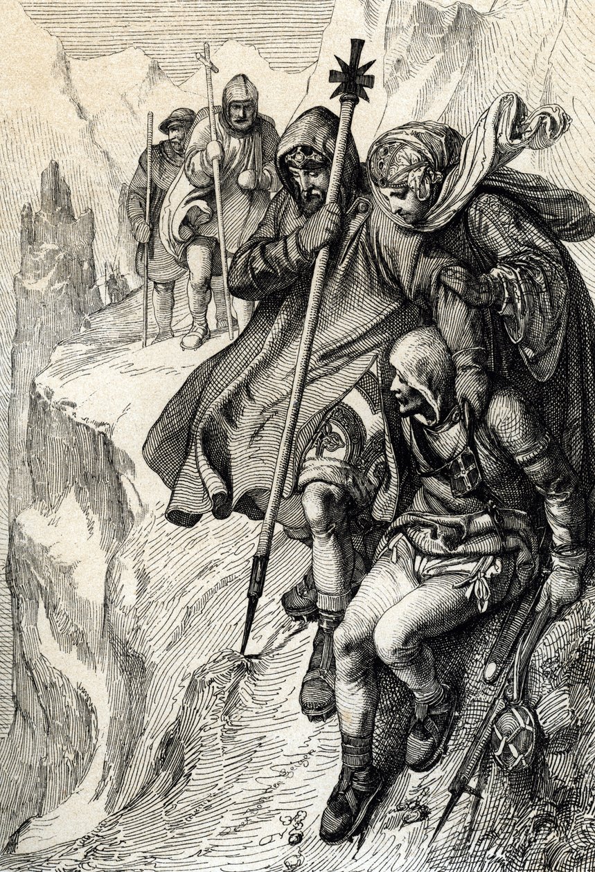 Romernes konge Henrik IV passerer passet av Mount Cenis for å krysse Alpene og dra til grevinnen Mathilde av Toscana til Canossa hvor pave Gregoire VII, januar 1077» (Henry IV krysset Alpene ved Mont Cenis-passet for å nå slottet Canossa og av Peter Johann Nepomuck Geiger