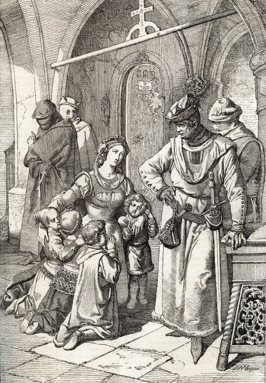 Mordet på den adelige damen Ines de Castro (1320-1355), andre kone til Peter I (Pedro I) av Portugal i klosteret Santa Clara de Coimbra, Portugal 1355 (Kone til kong Peter I av Portugal Ines Castros drap i klosteret av Santa Clara i Co av Peter Johann Nepomuck Geiger