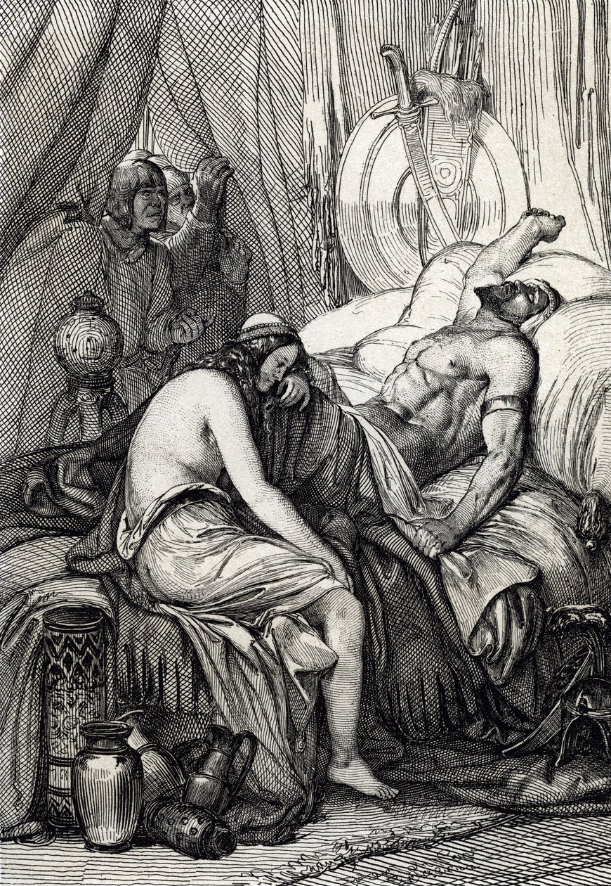 Dødsfallet til kongen av hunene Attila (395-453) under hans søvn på bryllupsnatten med germaine Ildico, 453 (Death of Attila, hersker over hunene på bryllupsnatten hans, hennes brud Ildico gråter over kroppen hans, 453 ) Fjærtegning hentet fra «Historis av Peter Johann Nepomuck Geiger