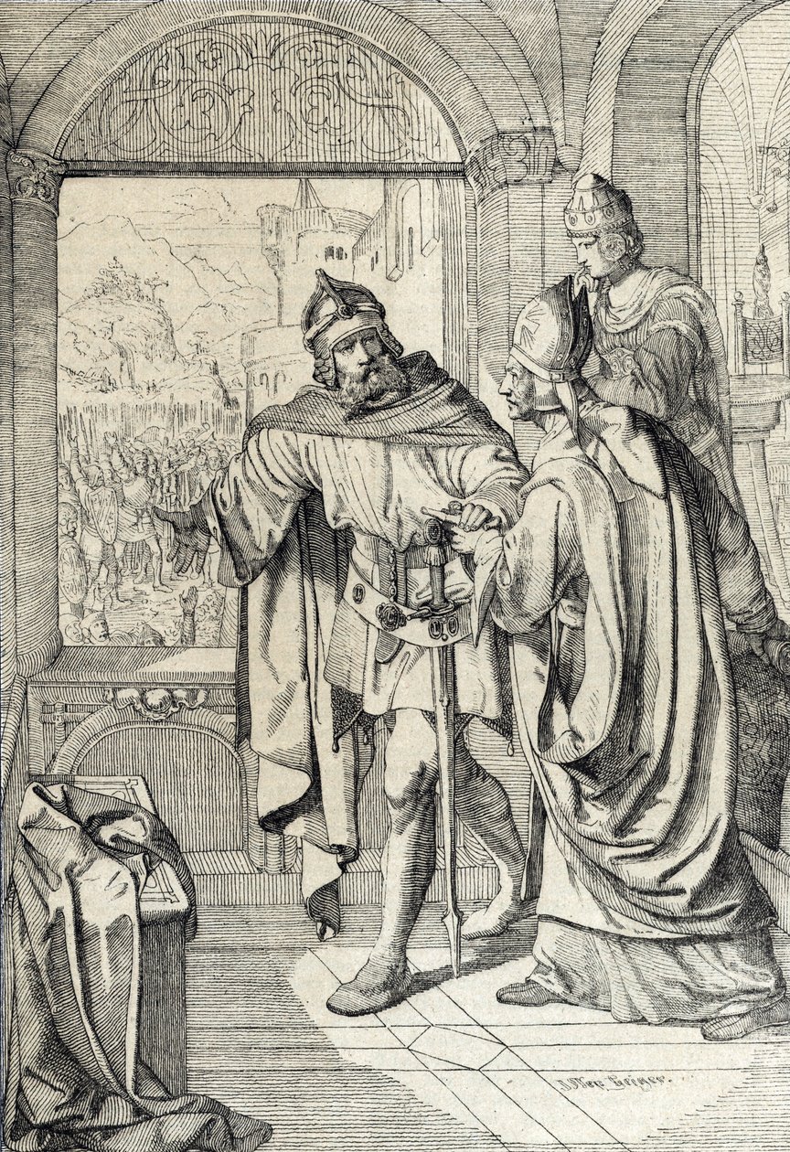De første medlemmene av Habsburg-dynastiet Radbot og Eveque Werner på tidspunktet for byggingen av Habsburg-huset i Aargau, Sveits av Peter Johann Nepomuck Geiger